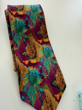 J. Garcia Teal, Magenta and Gold Abstract Floral Silk Tie